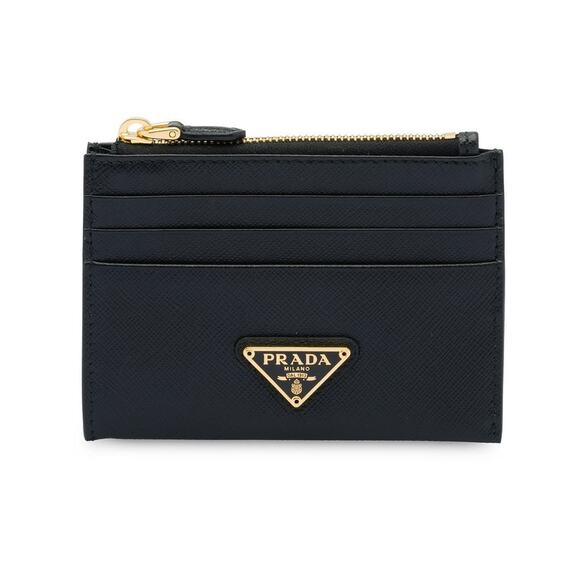 Prada Saffiano Leather Triangle Logo Accent Top Zip Accent Cardholder Black - Picture 1 of 5